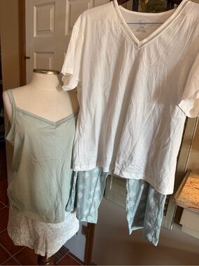 Felina Mint & White 4-Piece Pajama Set - Tank, Shirt, Shorts & Pants